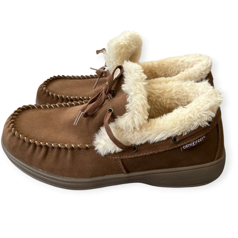 Orthofeet Brown Suede Faux Fur Orthopedic Moccasin Capri Slippers 9E Quite Lux